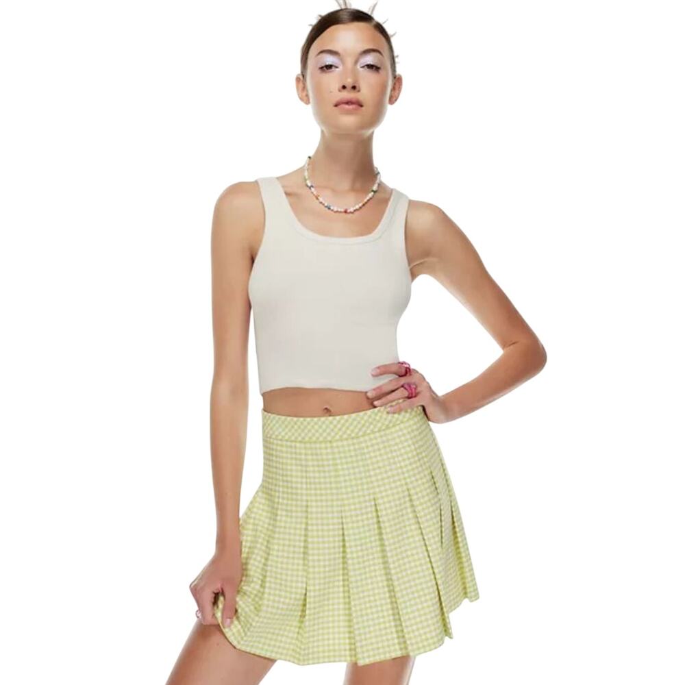 Aritzia Sunday Best Lime Green & White Gingham Pleated Mini Skirt